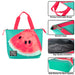 Turquoise Fridge Pak insulated lunch tote with a large watermelon slice print, strong pink straps, and smooth zipper.