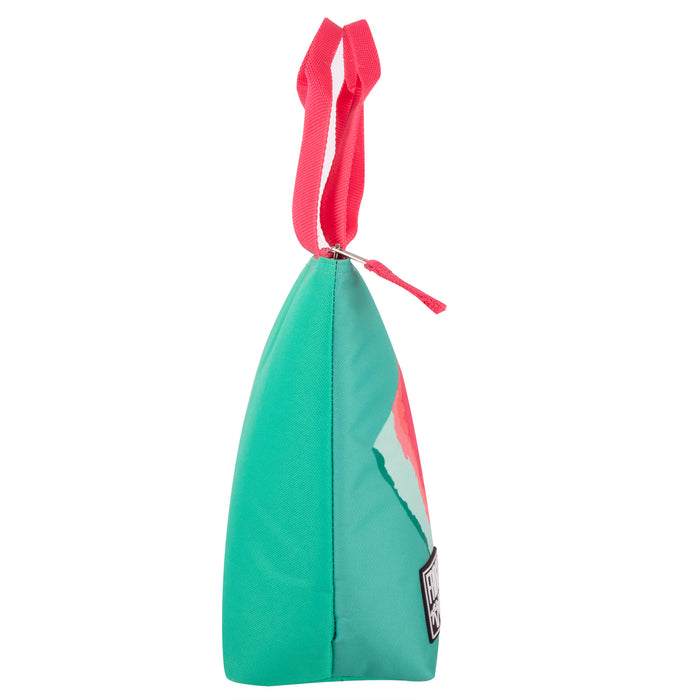Fridge Pak Insulated Lunch Tote in teal 600D polyester with watermelon print, red zipper, and carry handles.