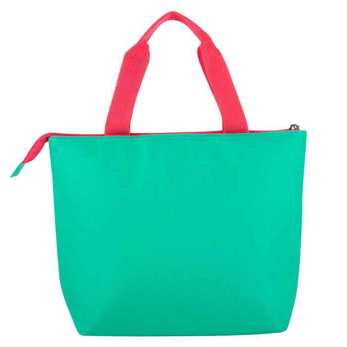 Green Fridge Pak insulated lunch tote with red handles and zipper, 13x10x4.5 inches.