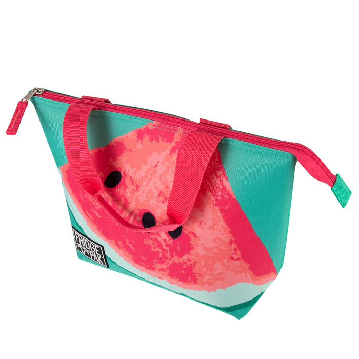 Fridge Pak insulated lunch tote in teal 600D polyester with a vibrant watermelon print, pink zipper, and handles.