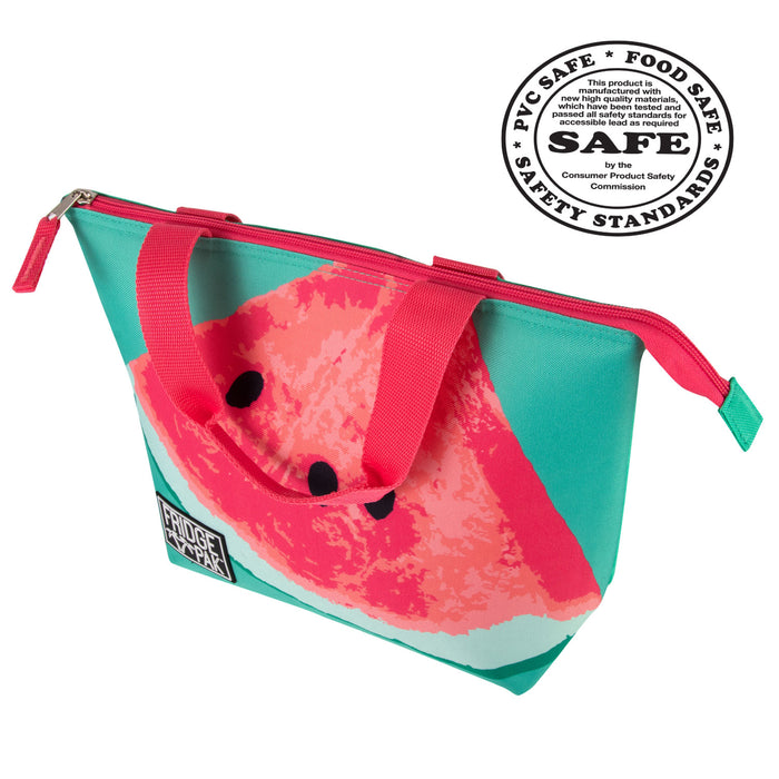 Watermelon print Fridge Pak insulated zippered lunch tote with pink handles and a food-safe seal.