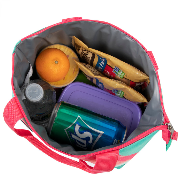 Watermelon print Fridge Pak insulated lunch tote filled with food, drinks, and a purple container.