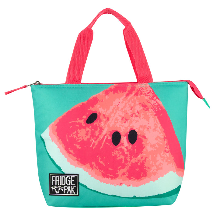 Watermelon print Fridge Pak insulated lunch tote with teal 600D polyester, pink handles, and zipper.