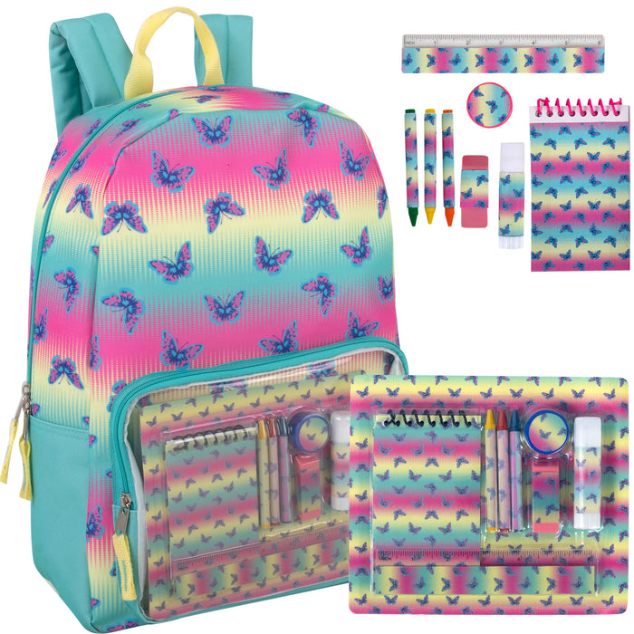 17 Inch Butterfly Printed Backpack With 8 Piece School Supply Kit
