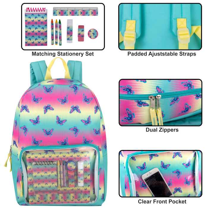 17 Inch Butterfly Printed Backpack With 8 Piece School Supply Kit