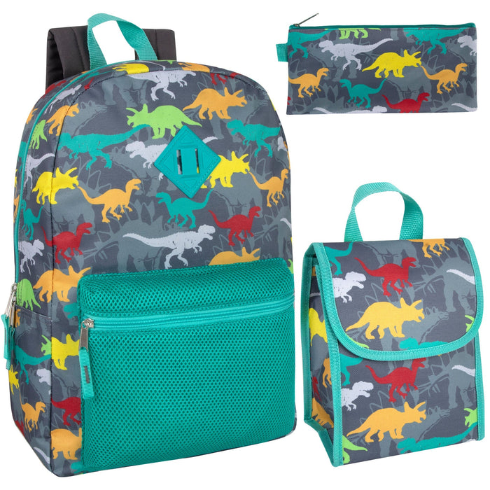 3 In 1 17 Inch Dino Themed Backpack With Lunch Bag & Pencil Case - BagsInBulk.com