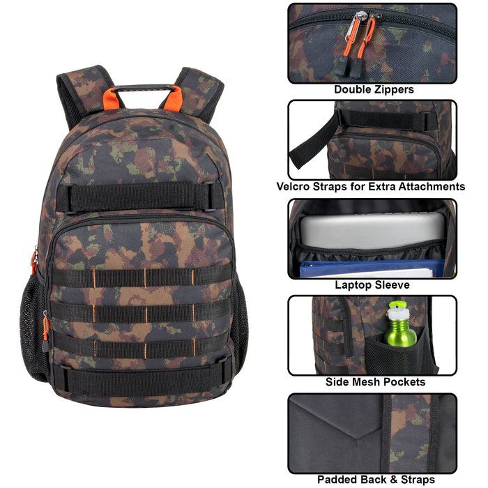 19 Inch Daisy Chain Strap Skate Backpack with Laptop Section - Camo - BagsInBulk.com