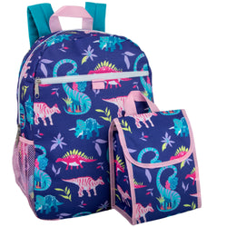 16 Inch 2 In 1 Backpack With Match Lunch Bag - Dinosaur Print (Girls) - BagsInBulk.com