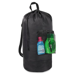 Wholesale Laundry Bag Backpack with Front Mesh Pocket - Black - BagsInBulk.com