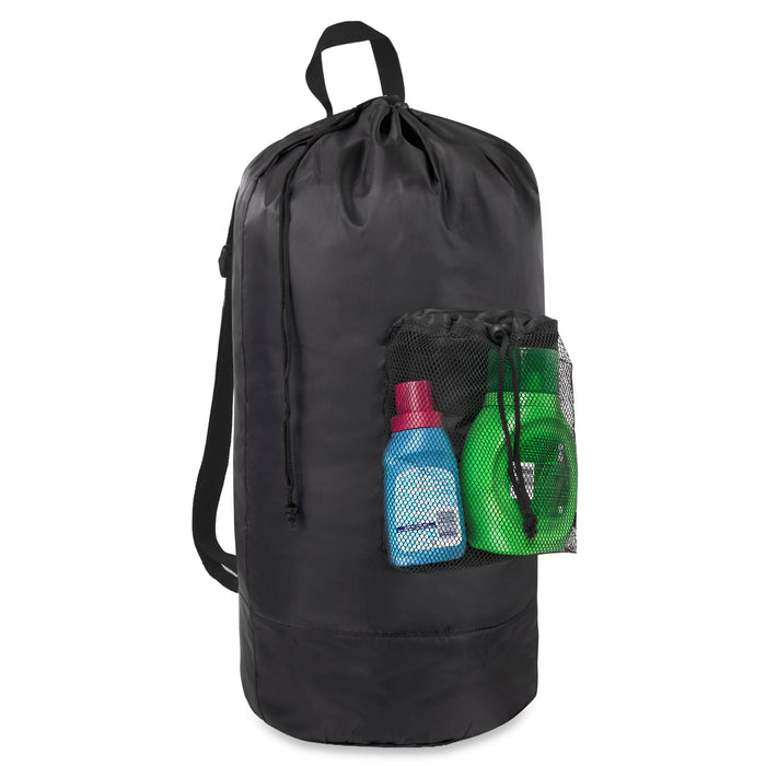 Wholesale Laundry Bag Backpack with Front Mesh Pocket - Black - BagsInBulk.com