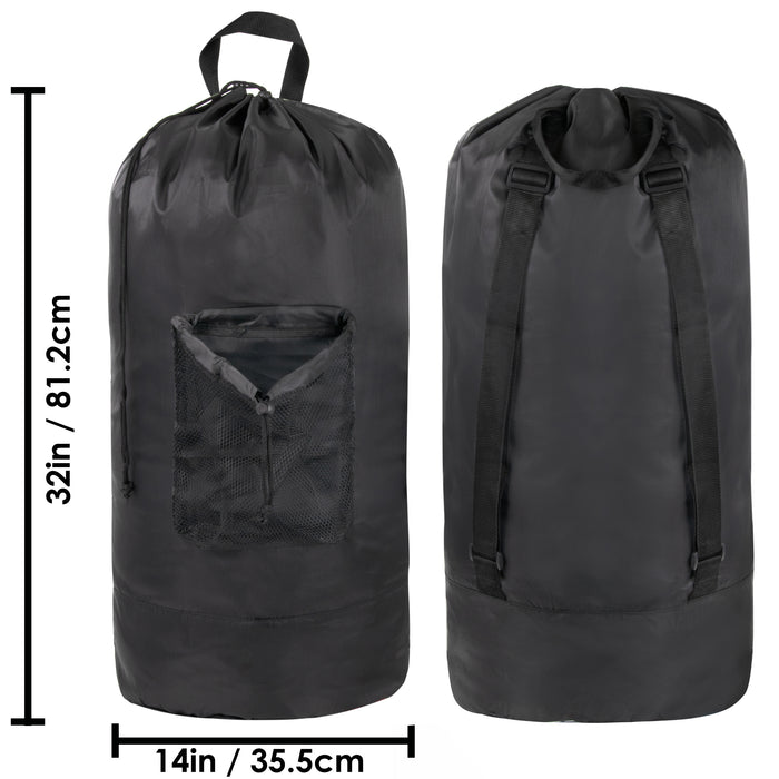 Wholesale Laundry Bag Backpack with Front Mesh Pocket - Black - BagsInBulk.com