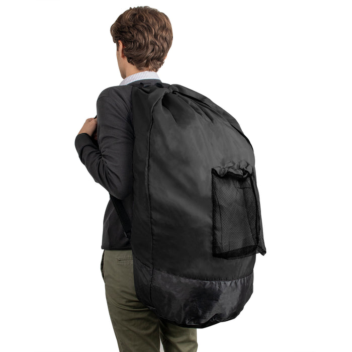 Wholesale Laundry Bag Backpack with Front Mesh Pocket - Black - BagsInBulk.com