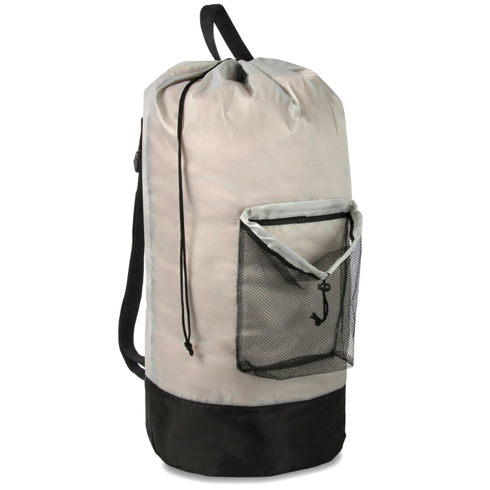 Wholesale Laundry Bag Backpack with Front Mesh Pocket - Khaki - BagsInBulk.com