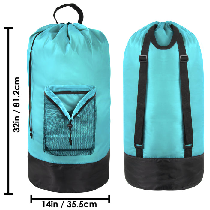 Wholesale Laundry Bag Backpack with Front Mesh Pocket - Turquoise - BagsInBulk.com