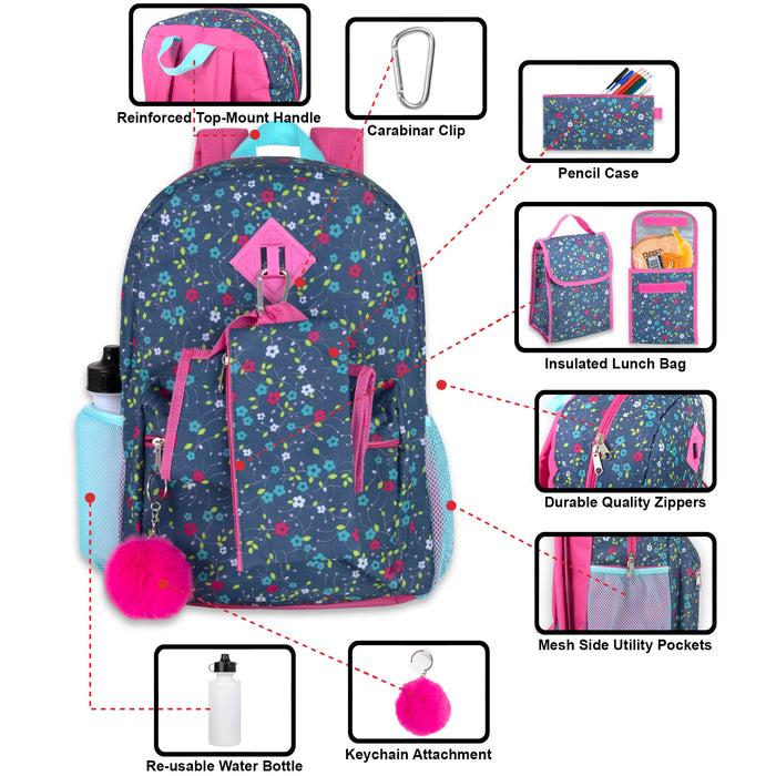 6 In 1 Themed 16 Inch Backpack With Lunch Bag, Water Bottle, Clip, Key Chain & Pencil Case - BagsInBulk.com