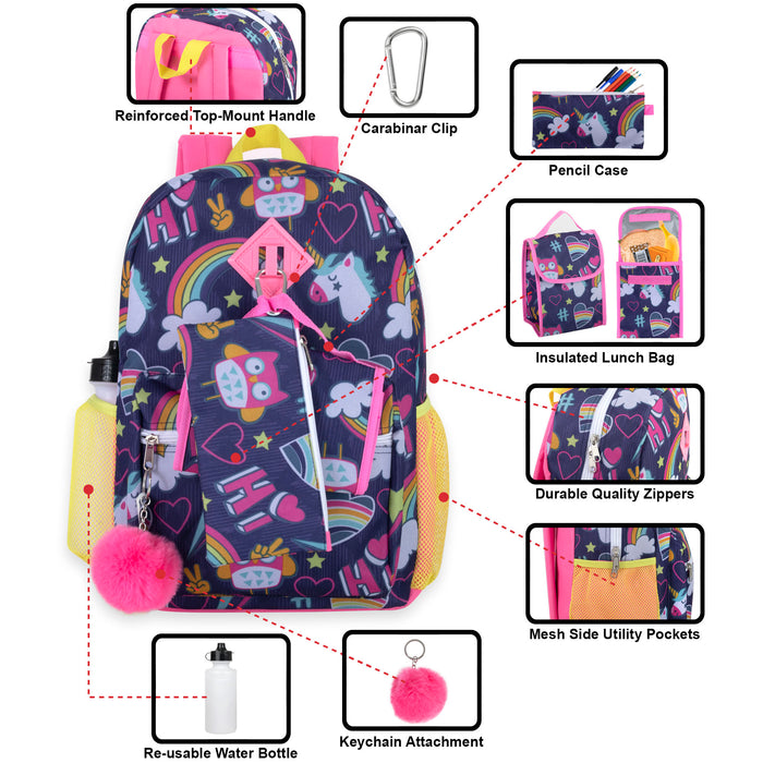 6 In 1 Themed 16 Inch Backpack With Lunch Bag, Water Bottle, Clip, Key Chain & Pencil Case - BagsInBulk.com