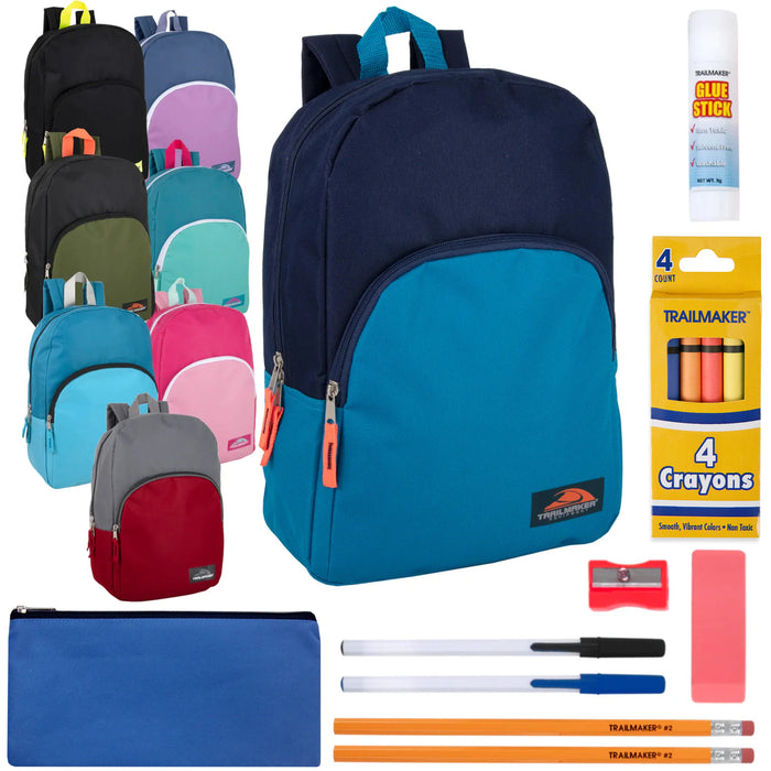 15-inch Backpack with 12-Piece School Supplies Kit - 8 Colors - BagsInBulk.com