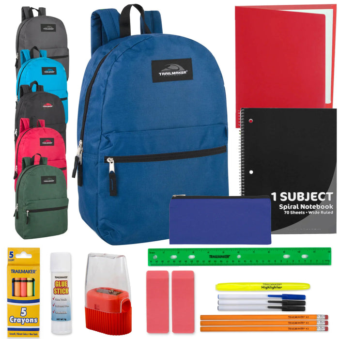 17-Inch Classic Backpack with 20-Piece School Supply Kit - 6 Colors - BagsInBulk.com