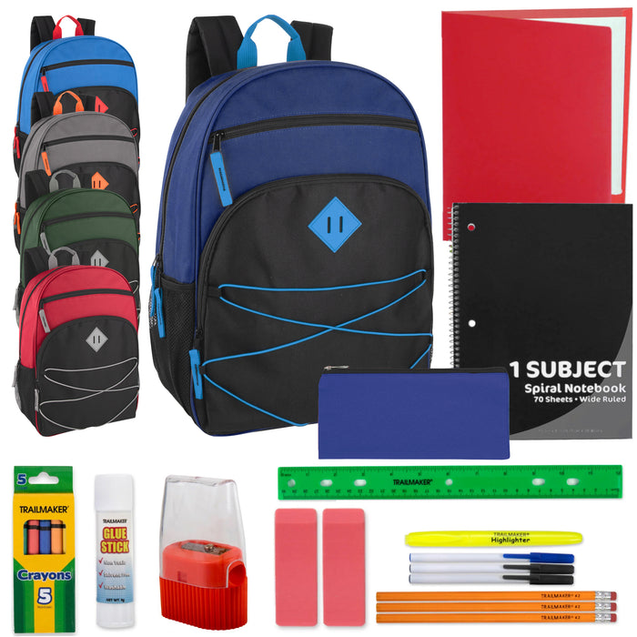 Multi-Pocket Bungee Backpack with 20-Piece School Supply Kit - 5 Colors - BagsInBulk.com