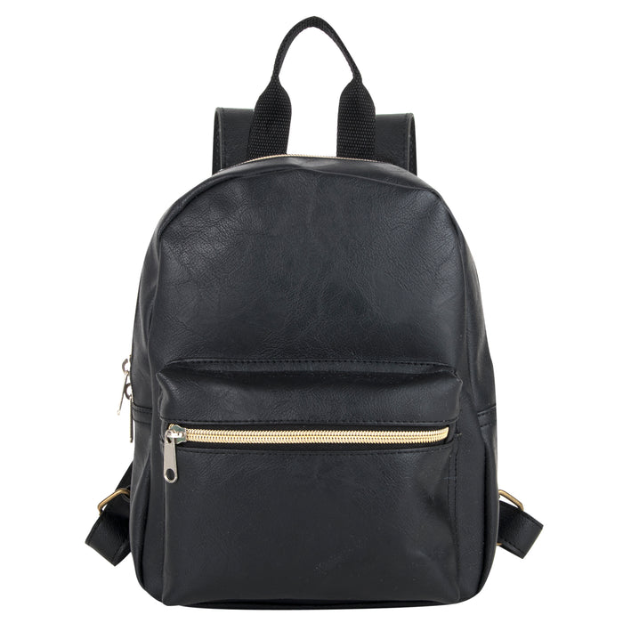 Mini Backpack 10 Inch Black Vinyl With Front Zipper Pocket - BagsInBulk.com