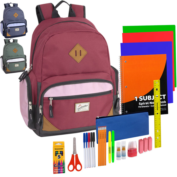 19" Duo Compartment Backpack with 30-Piece School Supply Kit - 3 Colors - BagsInBulk.com