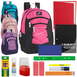 18" Multi-Pocket Bungee Backpack with 20-Piece School Supply Kit - 4 Girls Colors - BagsInBulk.com