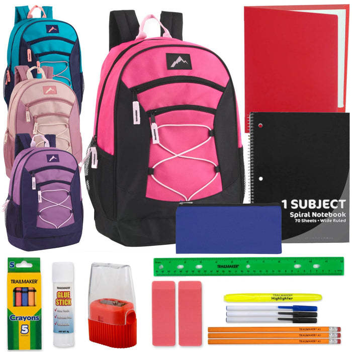 18" Multi-Pocket Bungee Backpack with 20-Piece School Supply Kit - 4 Girls Colors - BagsInBulk.com