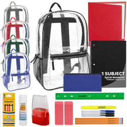 17-Inch Classic Clear Backpack with 20-Piece School Supply Kit - 5 Colors - BagsInBulk.com