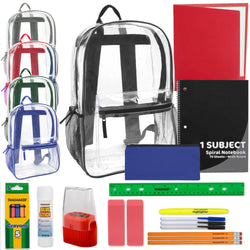 17" Classic Clear Backpack with 20-Piece School Supply Kit - 5 Colors - BagsInBulk.com