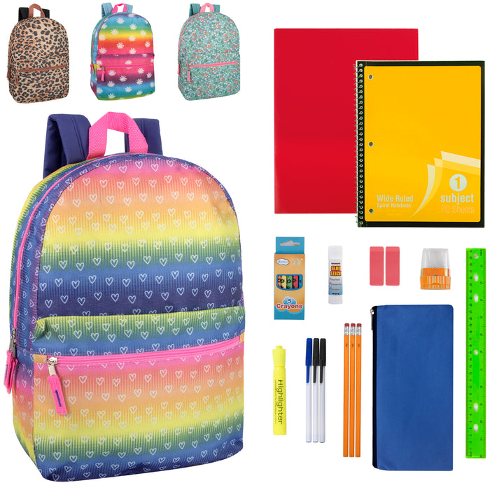 17 Inch Printed Backpack with 20-Piece School Supply Kit - Girls - BagsInBulk.com