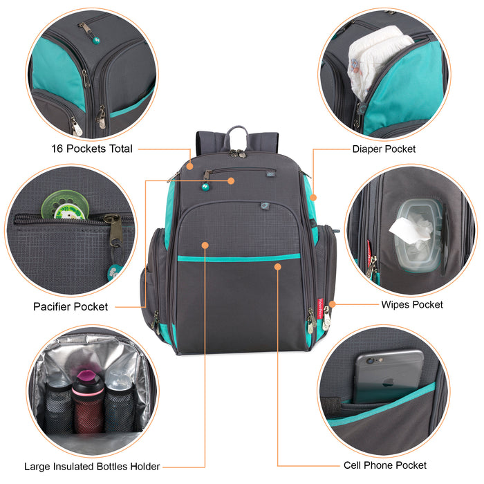 Fisher-Price Fastfinder Multi-Pocket Diaper Bag Backpack with Matching Changing Pad, Baby Wipes Dispenser Pocket, Insulated Bottle Pocket -Teal & Grey - BagsInBulk.com