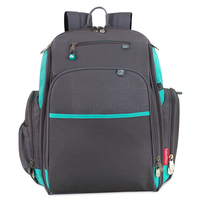 Fisher-Price Fastfinder Multi-Pocket Diaper Bag Backpack with Matching Changing Pad, Baby Wipes Dispenser Pocket, Insulated Bottle Pocket -Teal & Grey - BagsInBulk.com