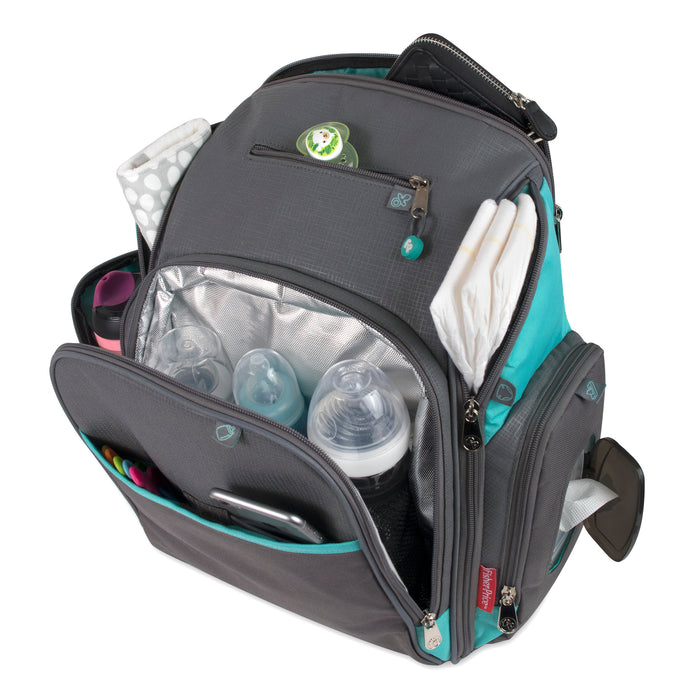 Fisher-Price Fastfinder Multi-Pocket Diaper Bag Backpack with Matching Changing Pad, Baby Wipes Dispenser Pocket, Insulated Bottle Pocket -Teal & Grey - BagsInBulk.com