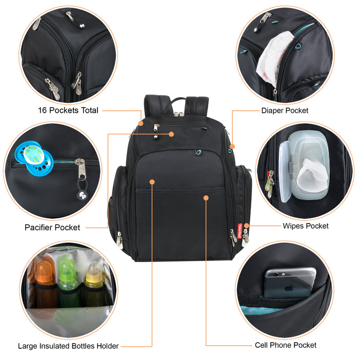 Fisher-Price Fastfinder Multi-Pocket Diaper Bag Backpack with Matching Changing Pad, Baby Wipes Dispenser Pocket, Insulated Bottle Pocket - Black - BagsInBulk.com