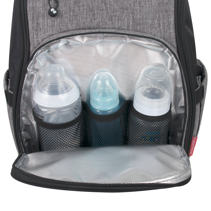 Fisher-Price Fastfinder Multi-Pocket Diaper Bag Backpack with Matching Changing Pad, Baby Wipes Dispenser Pocket, Insulated Bottle Pocket - Heather Grey - BagsInBulk.com