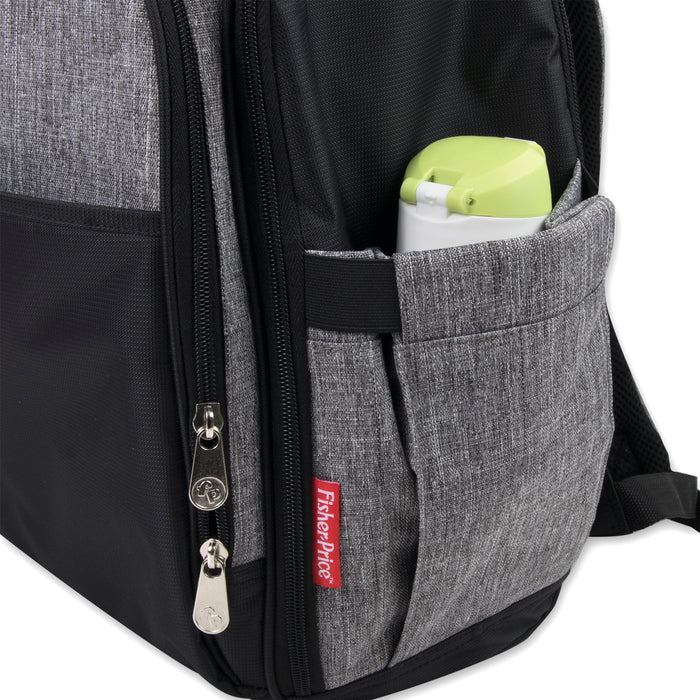 Fisher-Price Fastfinder Multi-Pocket Diaper Bag Backpack with Matching Changing Pad, Baby Wipes Dispenser Pocket, Insulated Bottle Pocket - Heather Grey - BagsInBulk.com