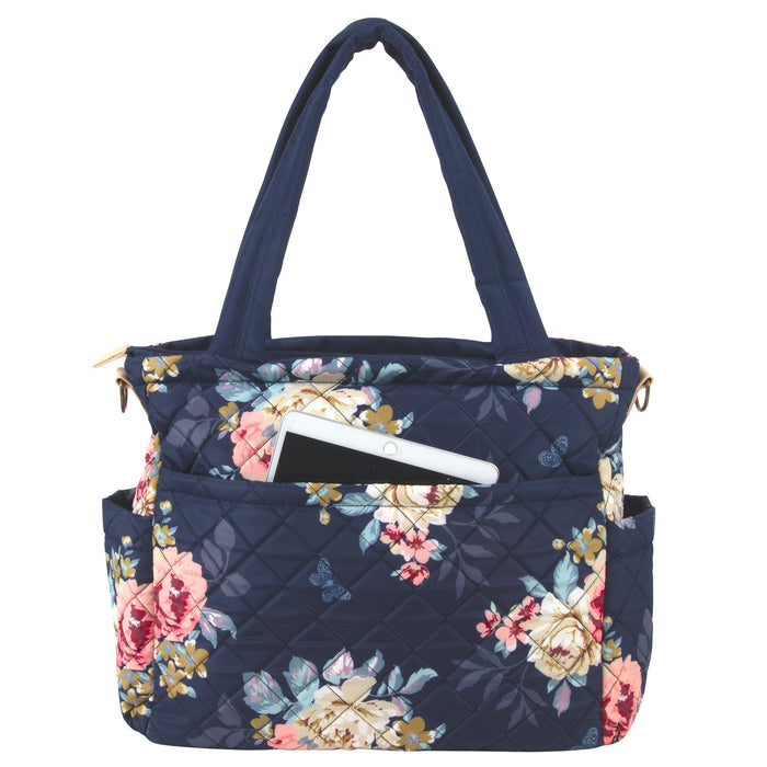 Baby Essentials Quilted Diaper Bag Tote 2-Piece Set - Floral Navy - BagsInBulk.com