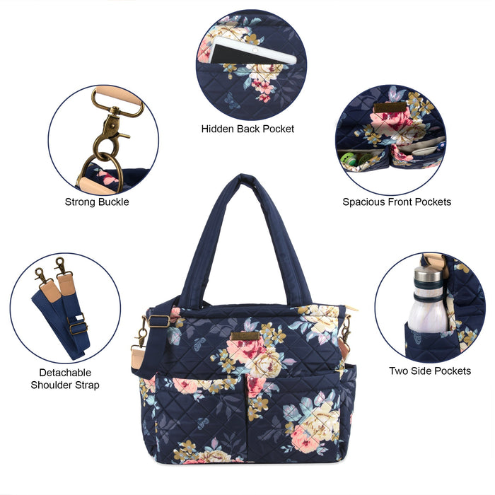 Baby Essentials Quilted Diaper Bag Tote 2-Piece Set - Floral Navy - BagsInBulk.com