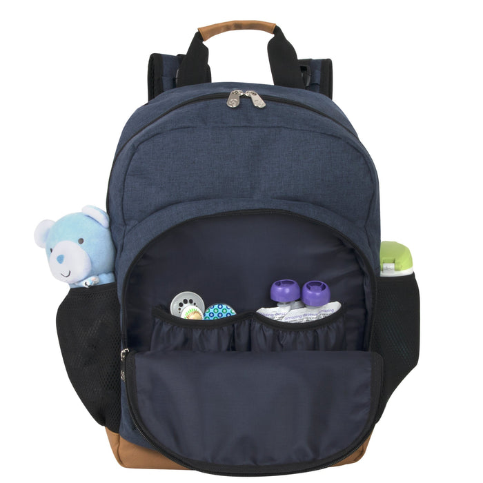 Fisher-Price Fastfinder Multi-Pocket Denim Diaper Bag Backpack With Changing Pad And Stroller Straps - BagsInBulk.com