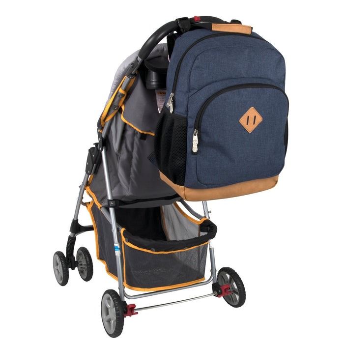 Fisher-Price Fastfinder Multi-Pocket Denim Diaper Bag Backpack With Changing Pad And Stroller Straps - BagsInBulk.com