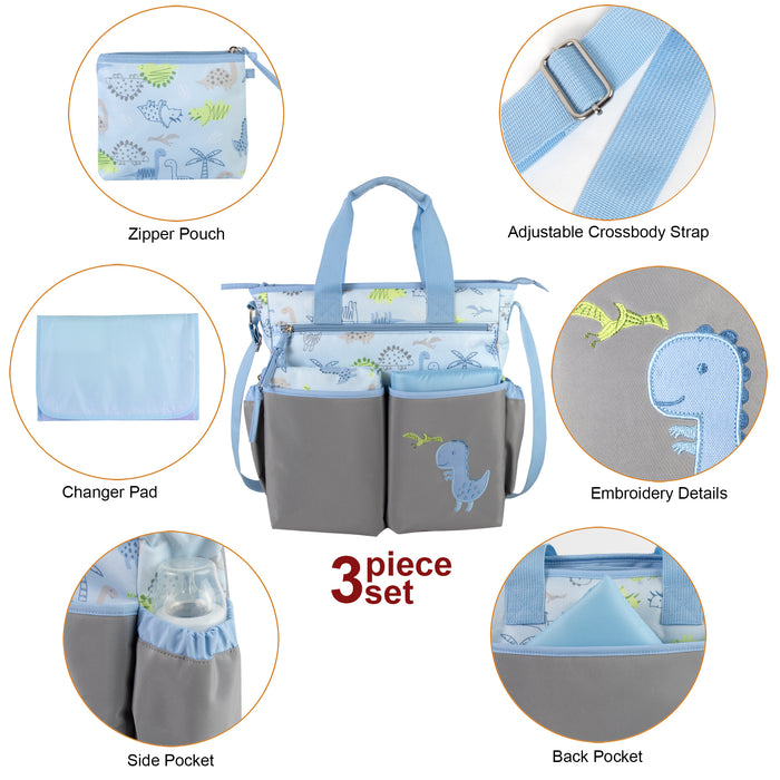 Baby Essentials 3 In 1 Blue Dino Themed Diaper Bag - BagsInBulk.com