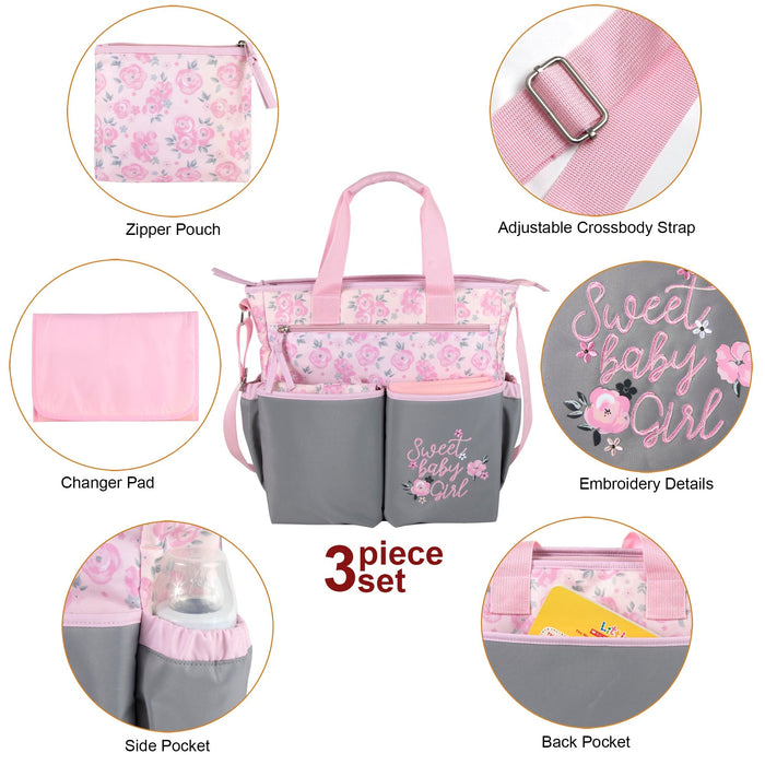 Baby Essentials 3 In 1 Pink Baby Girl Themed Diaper Bag - BagsInBulk.com