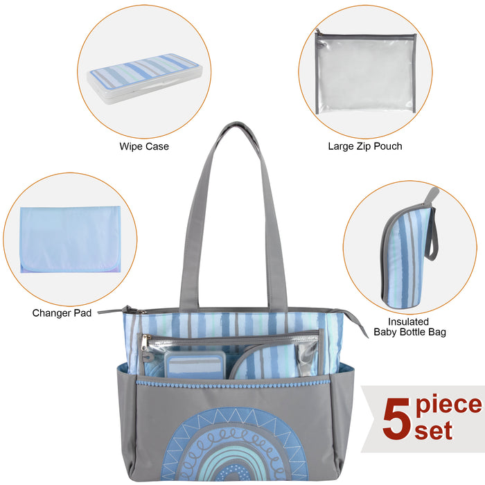 Baby Essentials Diaper Bag Tote 5 Piece Set Blue Rainbow Themed - BagsInBulk.com
