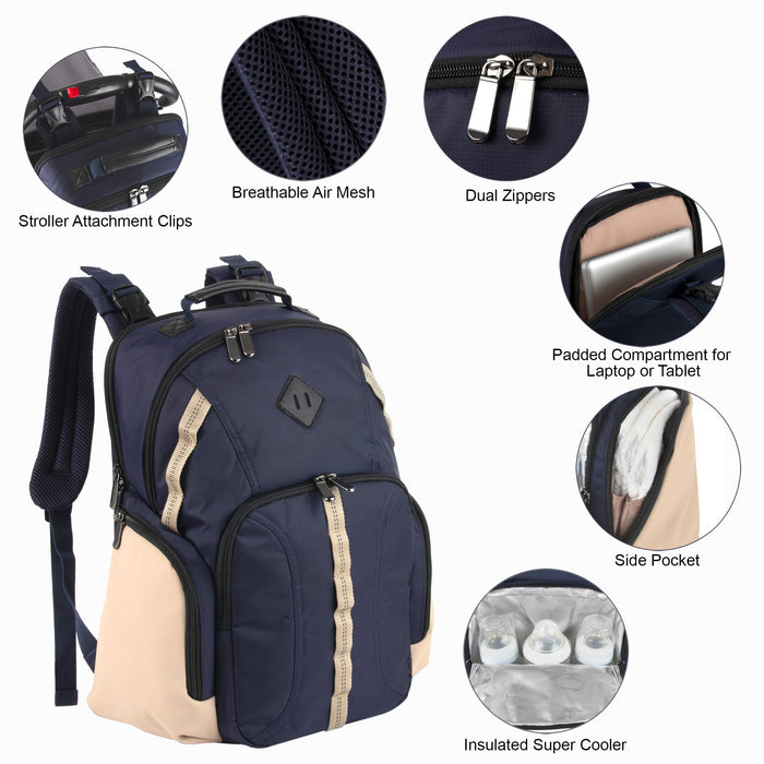 Baby Essentials Two Tone Diaper Bag Backpack w Changing Pad - Navy - BagsInBulk.com