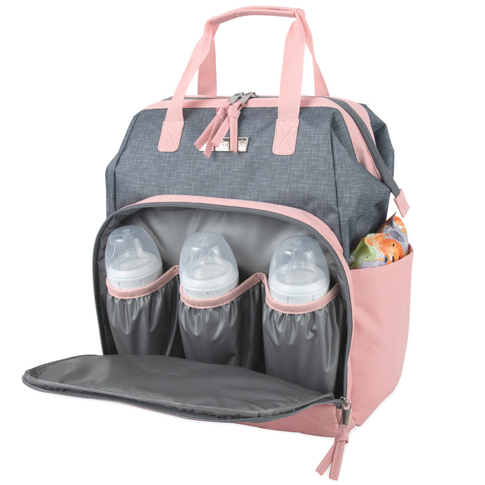 Baby Essentials Quilted Diaper Bag Backpack w Changing Pad - Grey & Pink - BagsInBulk.com