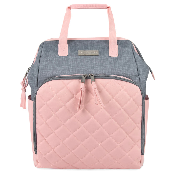 Baby Essentials Quilted Diaper Bag Backpack w Changing Pad - Grey & Pink - BagsInBulk.com