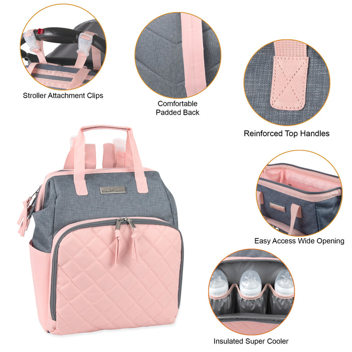 Baby Essentials Two-Tone Wide Opening Diaper Bag Backpack with Changing Pad and Stroller Straps - BagsInBulk.com