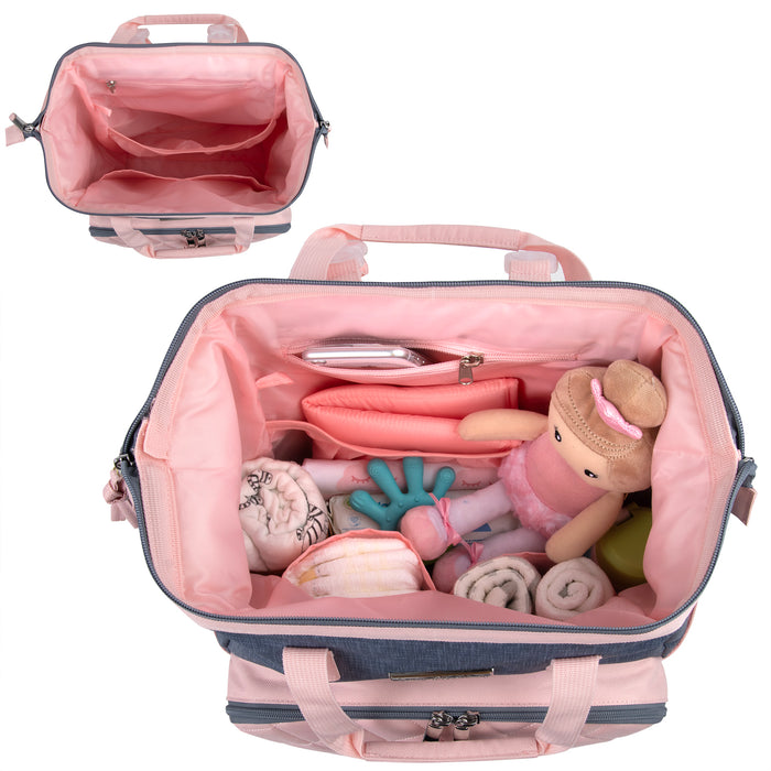 Baby Essentials Two-Tone Wide Opening Diaper Bag Backpack with Changing Pad and Stroller Straps - BagsInBulk.com