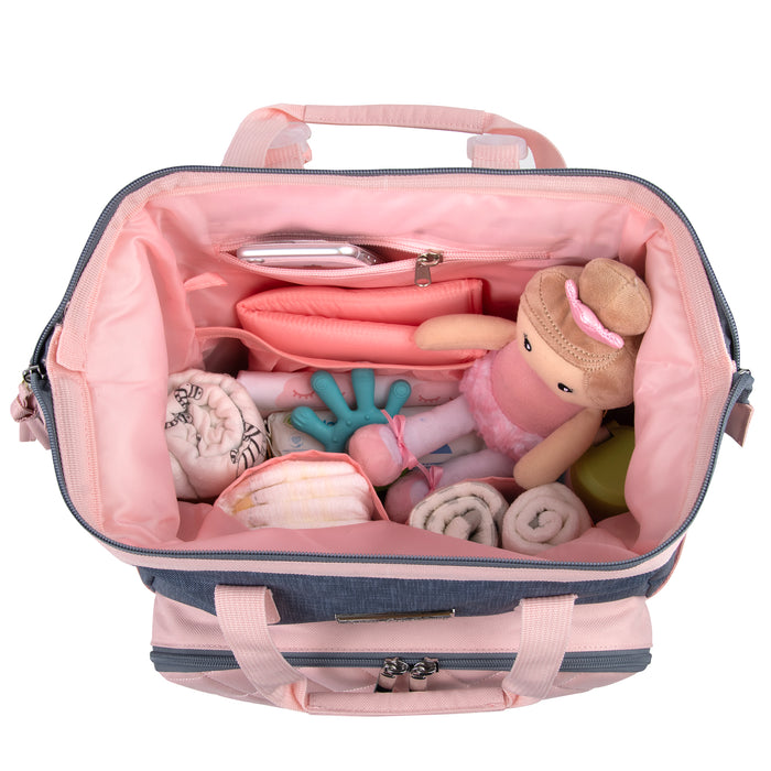 Baby Essentials Two-Tone Wide Opening Diaper Bag Backpack with Changing Pad and Stroller Straps - BagsInBulk.com