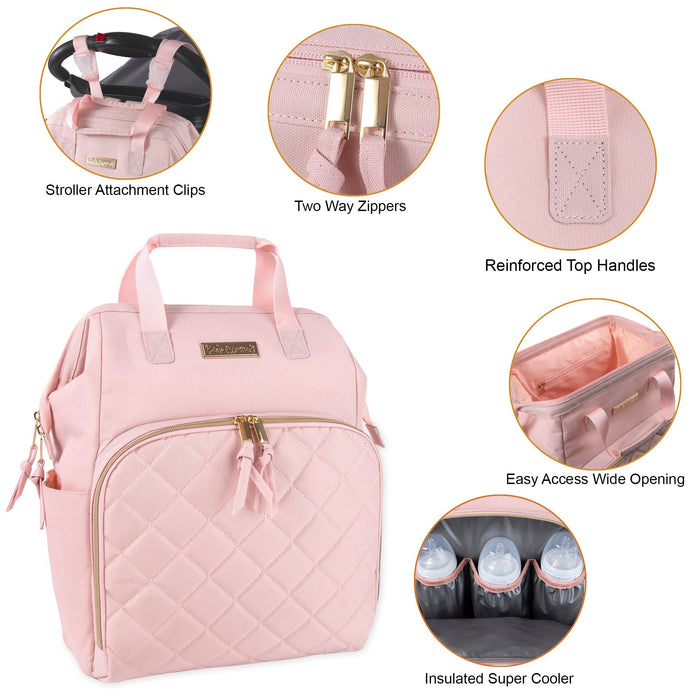 Baby Essentials Wide Opening Diaper Bag Backpack With Changing Pad And Stroller Straps - Pink - BagsInBulk.com